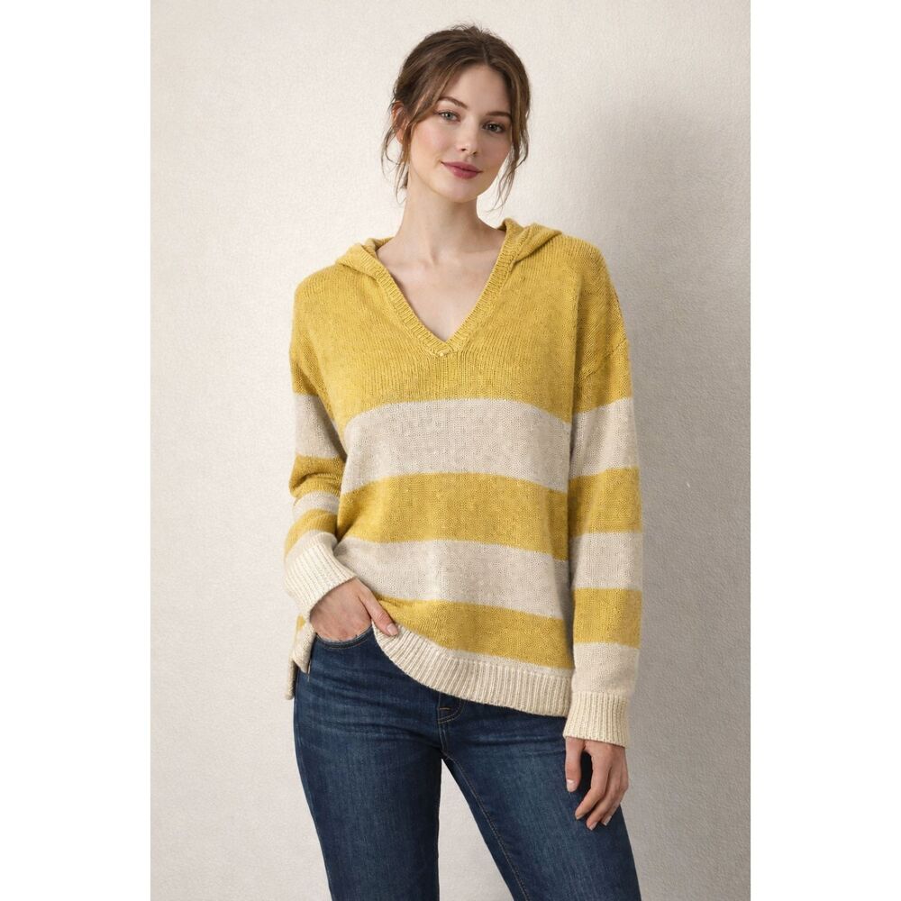 Marled Striped V Neck Hooded Knit Oversized Sweater M Preppy Ivy League Tennis